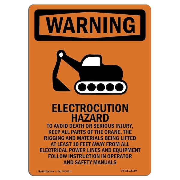Safety Sign, OSHA WARNING, 24" Height, Electrocution Hazard, Portrait, WS-D-1824-V-13139